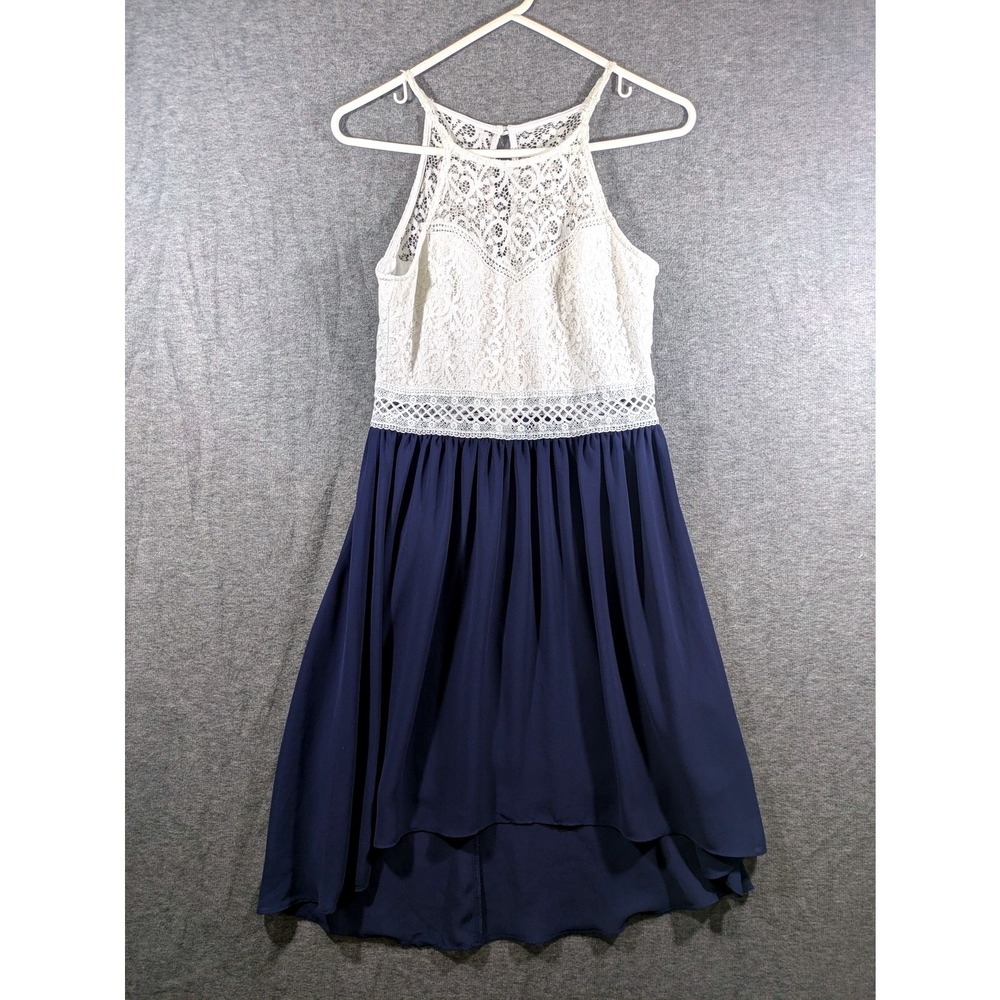 By & By White Lace Navy Chiffon High-Low Halter Dress‎ Romantic Juniors Size 9